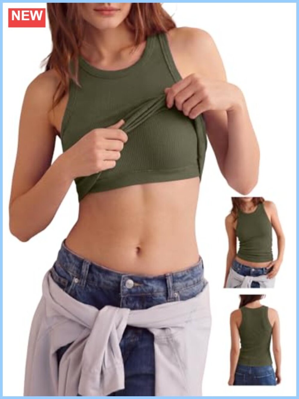 Women's Ribbed Crew Neck Slim-Fit Tank Top with Built-in Bra Cotton Blend